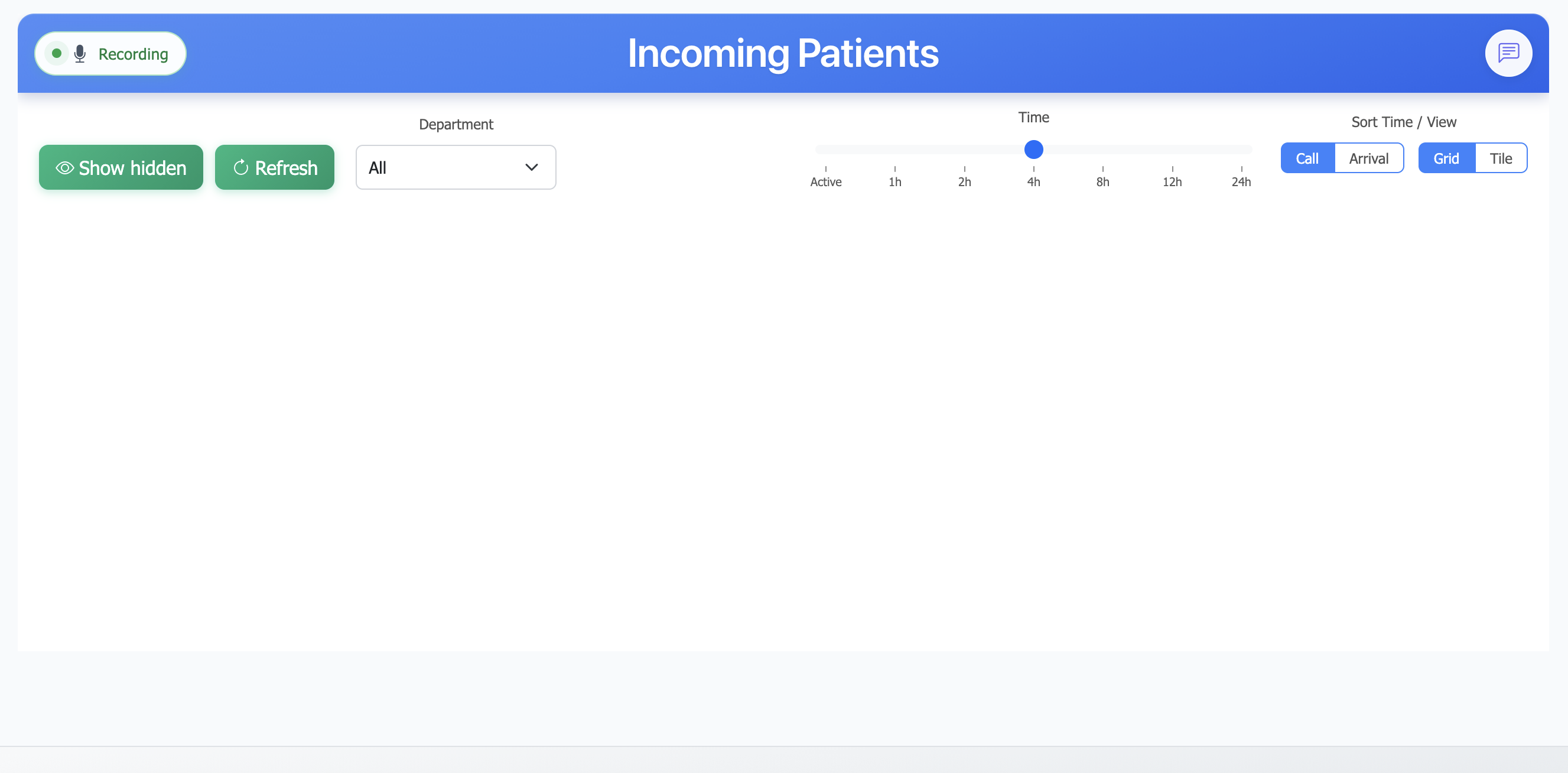 Incoming Patients dashboard view