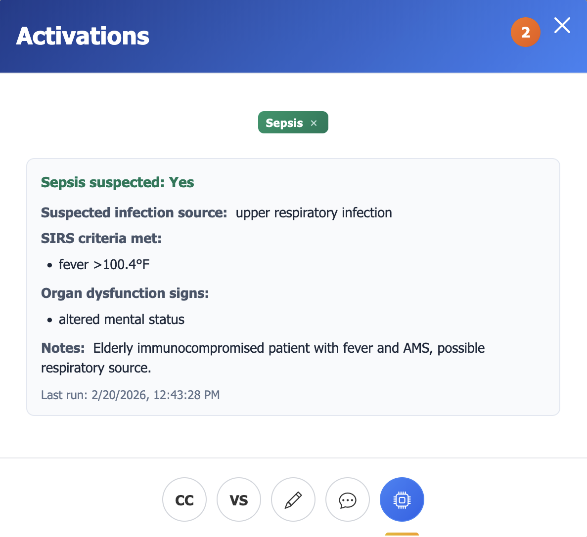 Sepsis activation modal